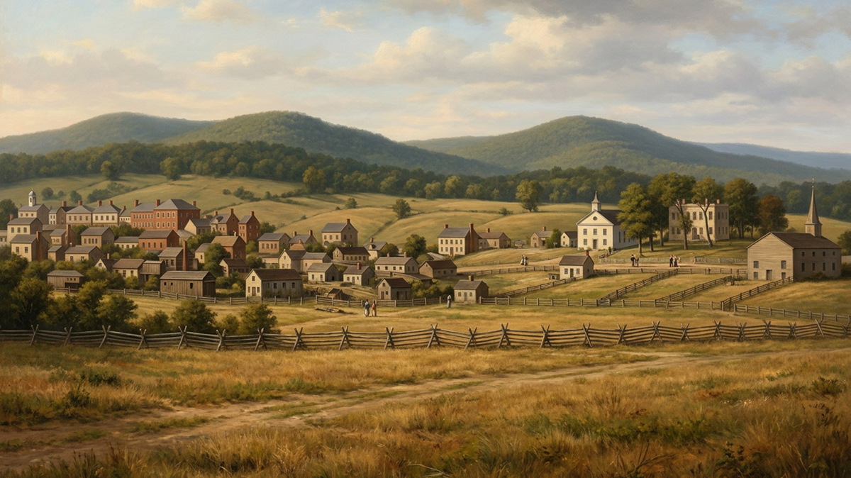 Stylized painting of Abingdon, Virginia in the 19th century