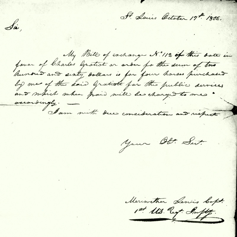 Bill of exchange form for Charles Gratiot for four horses