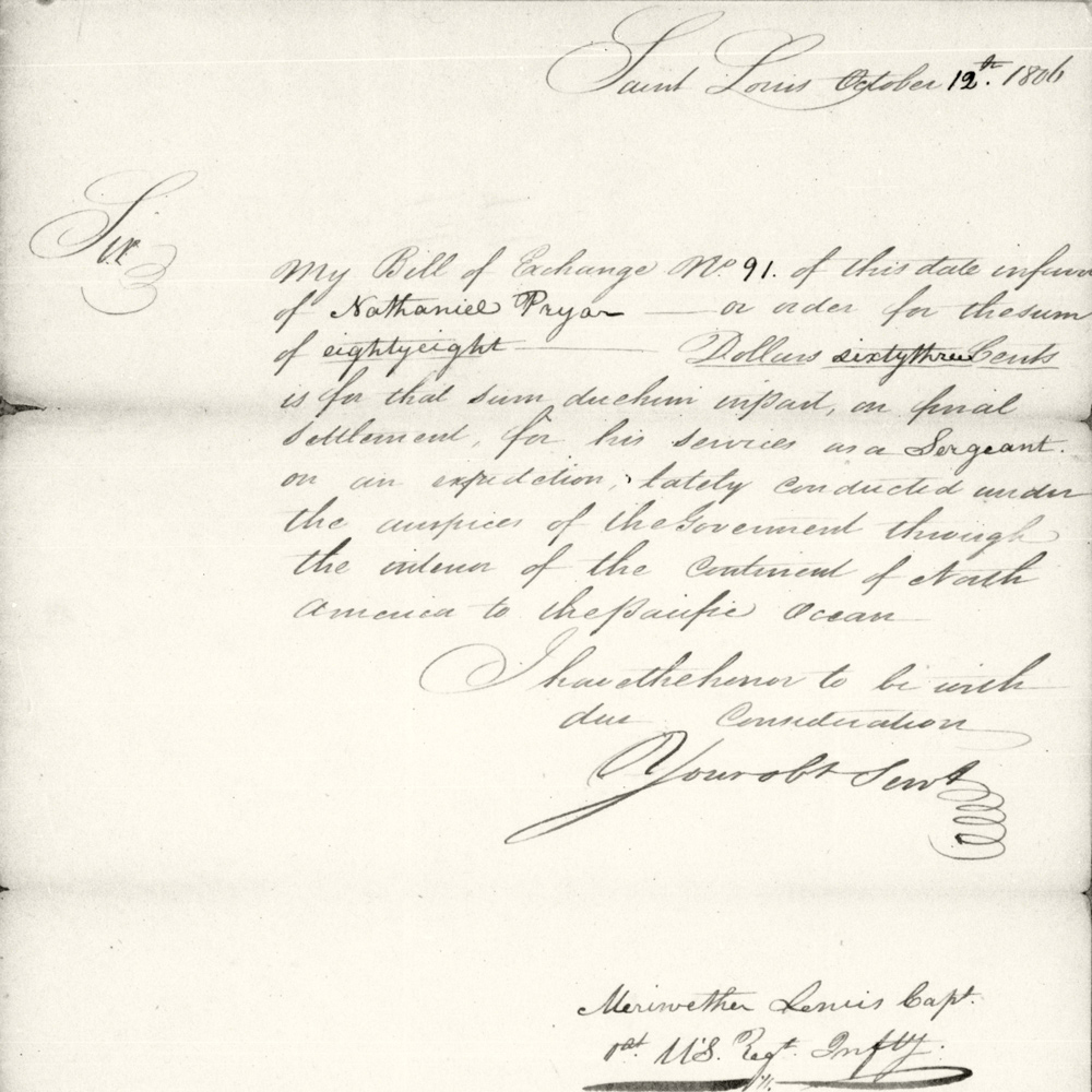 Bill of Exchange form for Sergeant Nathaniel Pryor