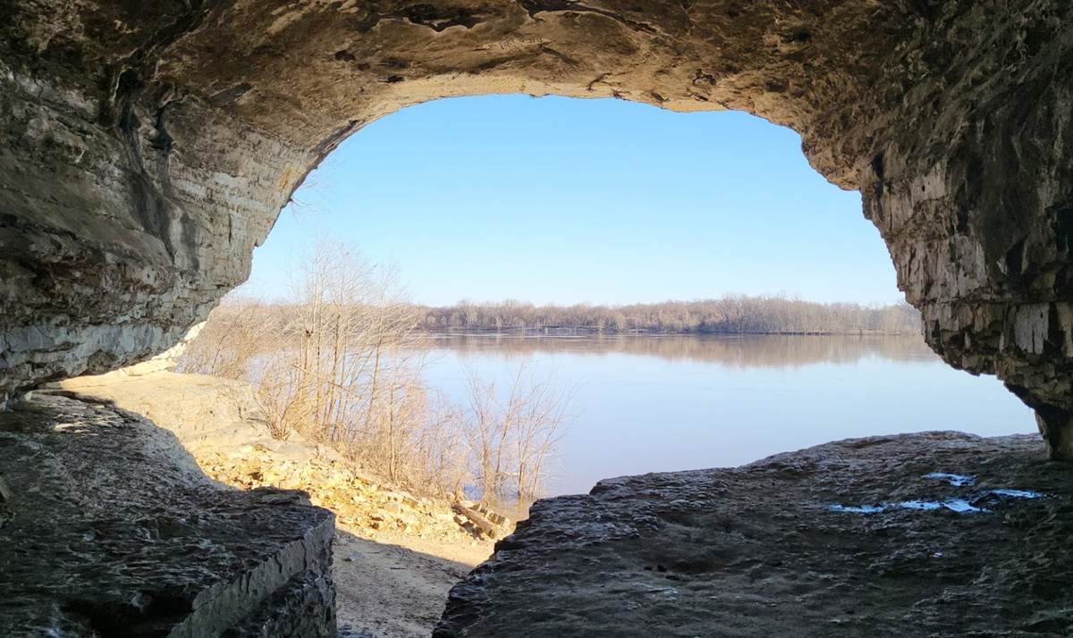 Ohio River in winter viewed from inside Cave-in-Rock