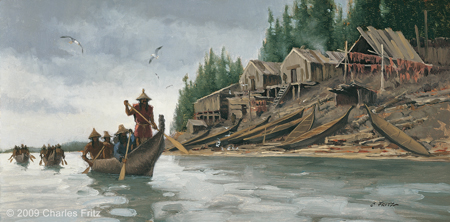 Chinook in cone hats and large canoes if front of a large village