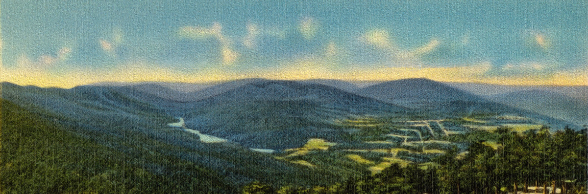 1930's style postcard printed from a hand painting of the view from above the Cumberland Gap