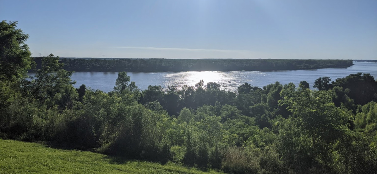 The Mississippi River curves northward