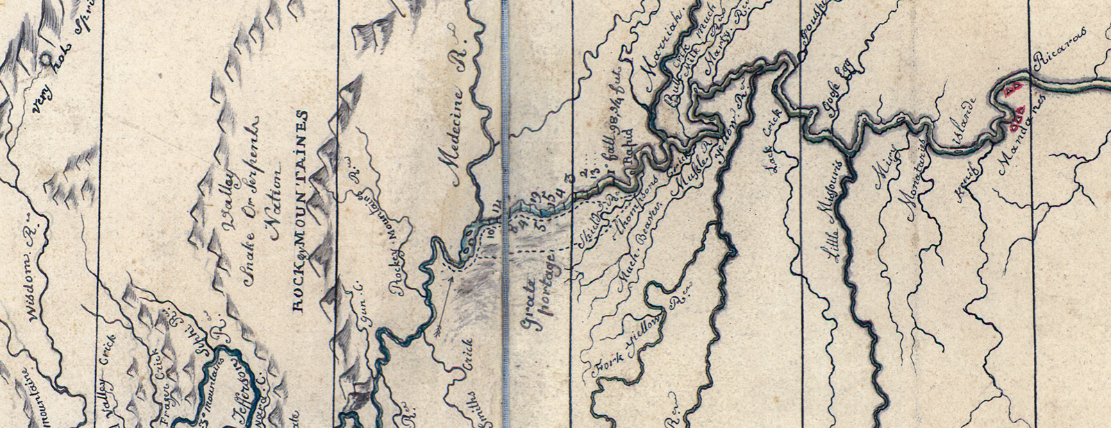 Robert Frazer's map showing the 'great portage' at present Great Falls, Montana