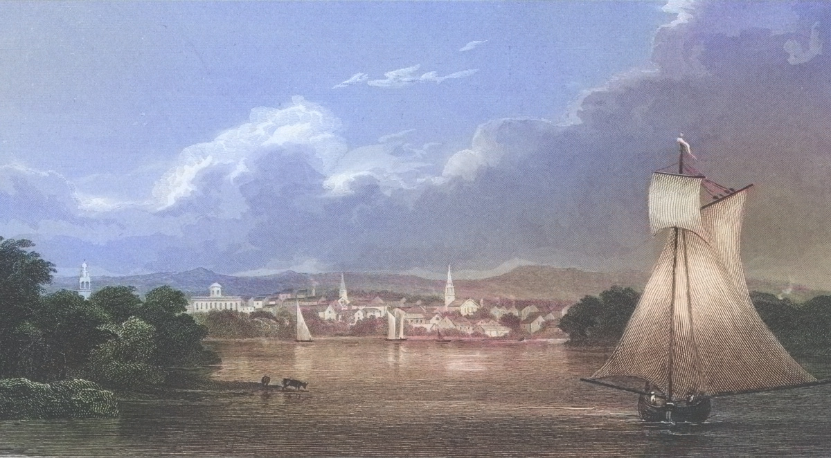 Engraving based on an idyllic view of Hartford, Connecticut in the 19th century