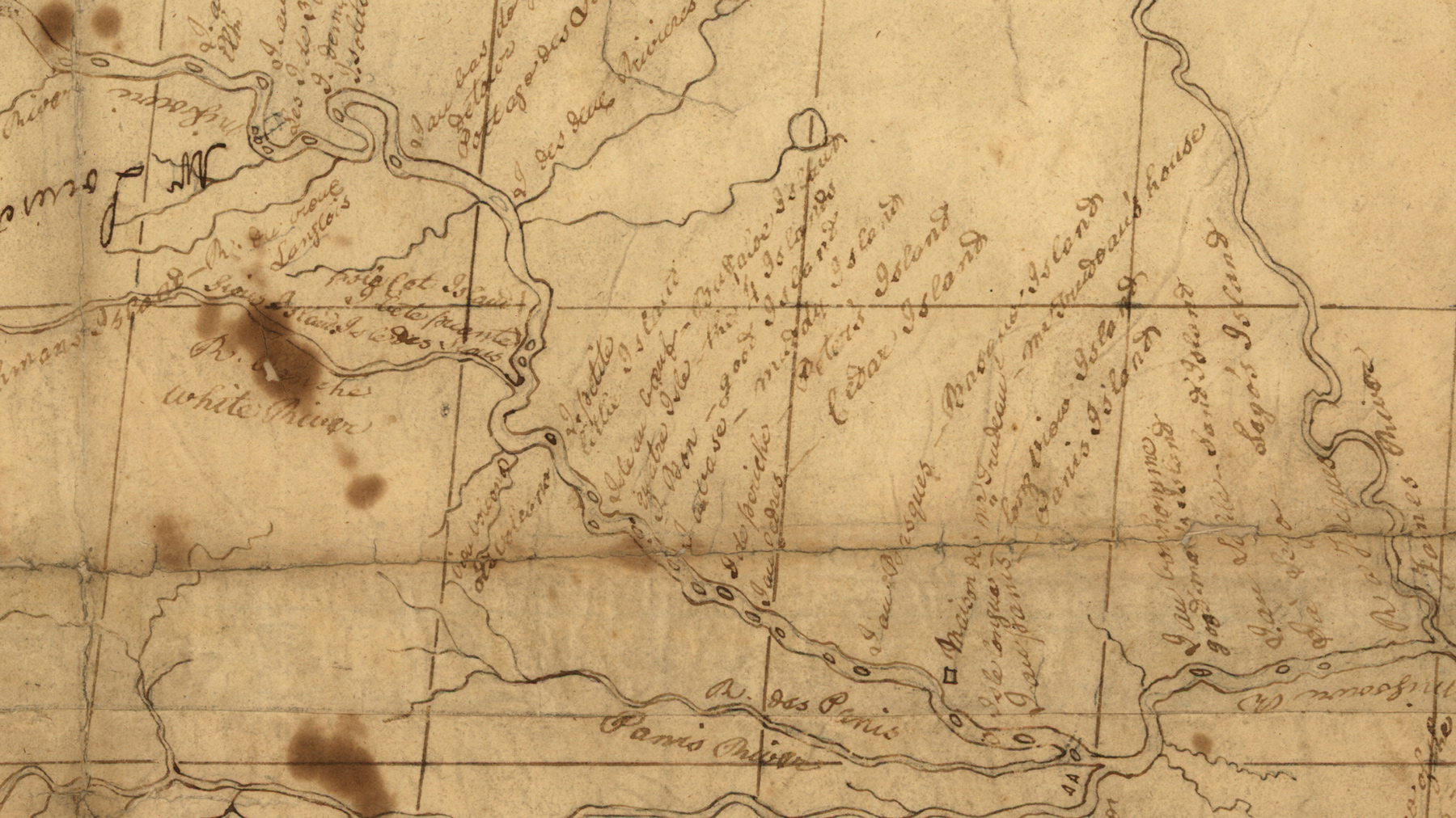 A map of the Missouri River crowded with annotations