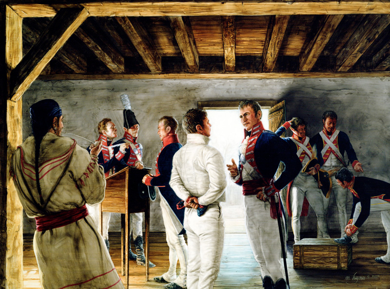 Soldiers confer in a crowded room