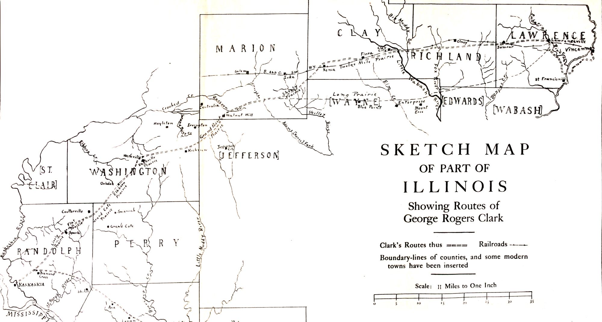 Map showing a route heading northeast from the Mississippi River, then east to the Wabash