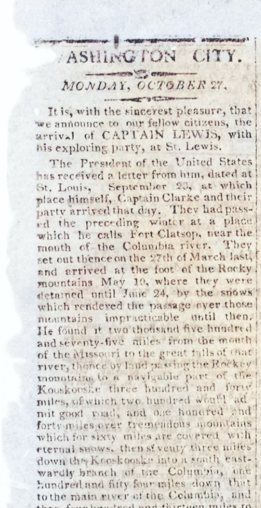 October 27, 1806 National Intelligencer article announcing the return of the Lewis and Clark Expedition