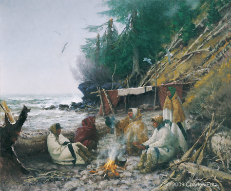 The men hunker down on the rocks in a dismal nitch