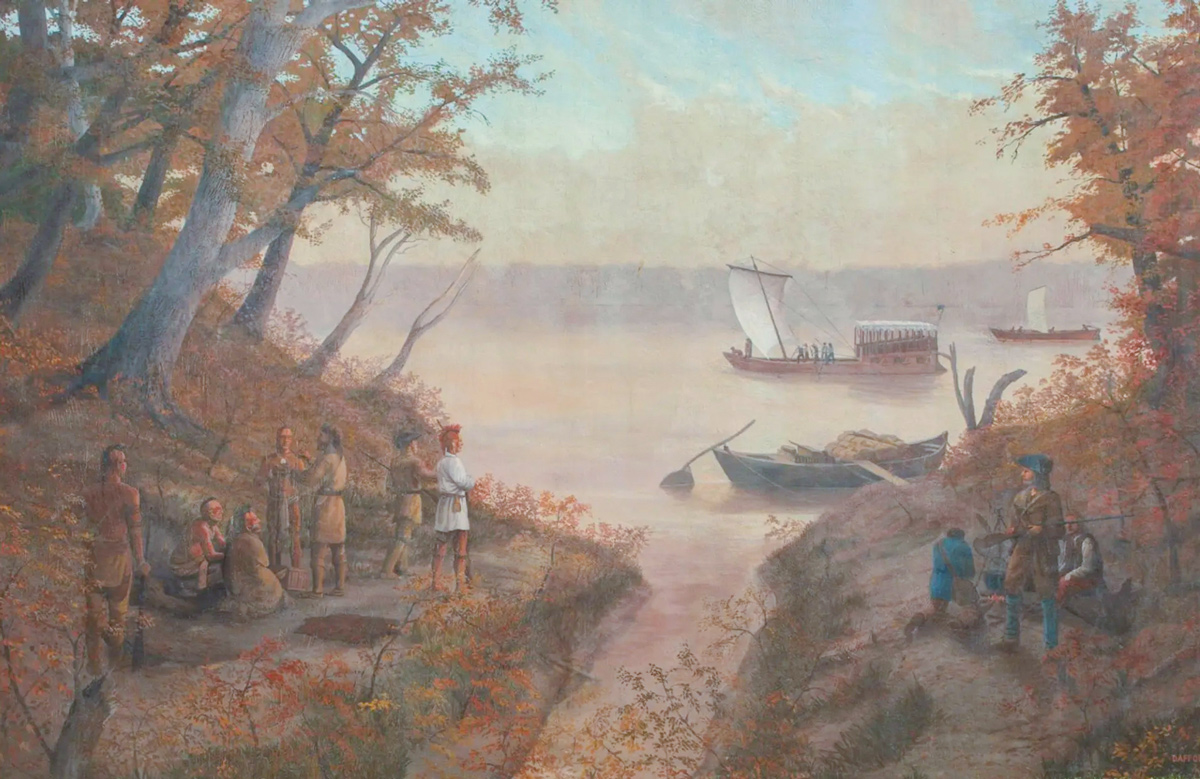 Mural of the Lewis and Clark Expedition passing down the Ohio