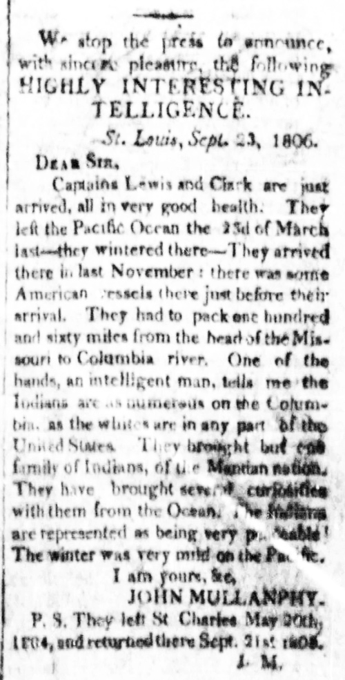 Clip from the October 2, 1806 Frankfort Palladium announcing the arrival of the Lewis and Clark Expedition