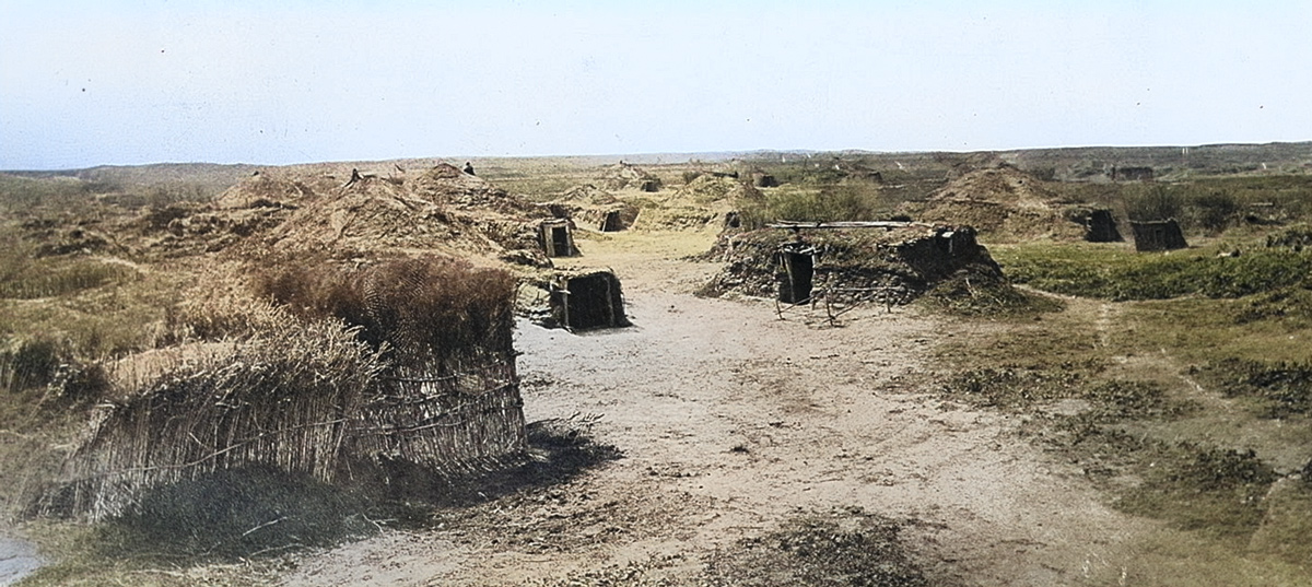 Earthen mounds and rectangular mud houses on the Great Plains