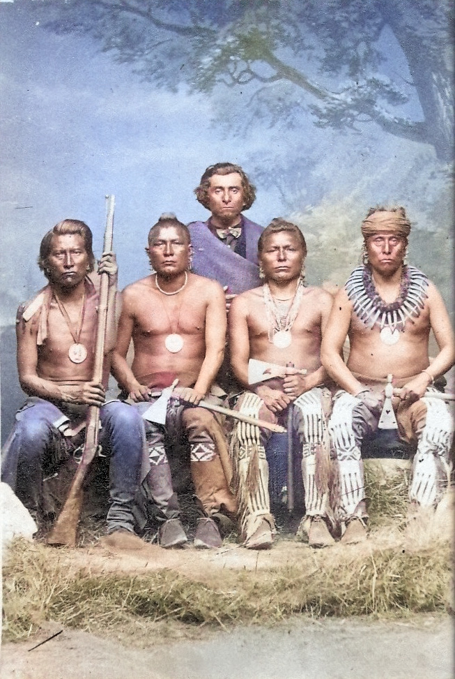 Five Pawnee warrior scouts with pipe tomahawks