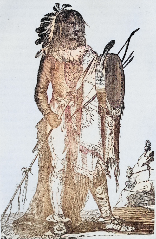 Colorized sketch of Mandan chief Sheheke in his ball costume