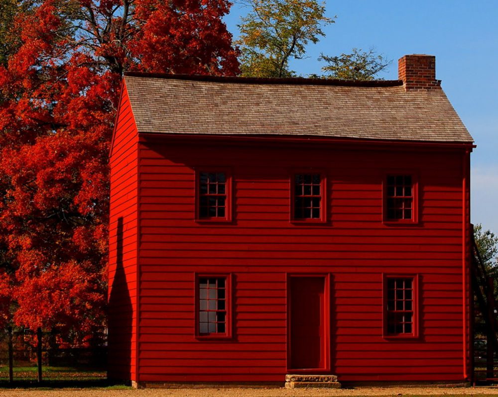 Photograph of the restored Indiana Territorial Capital painted in bright red