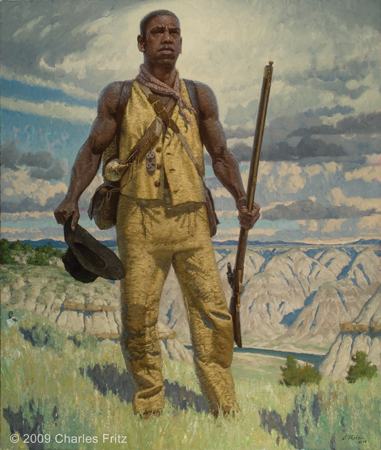 Black man in buckskins holding a musket