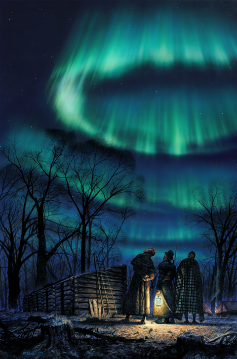 painting of the night guard looking at blue and green Aurora Borealis rings in the sky with the uncompleted Fort Mandan in the background