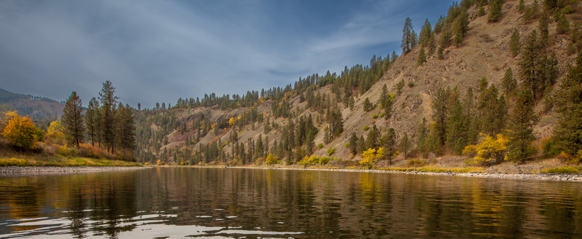 Smooth river with fall-colored trees