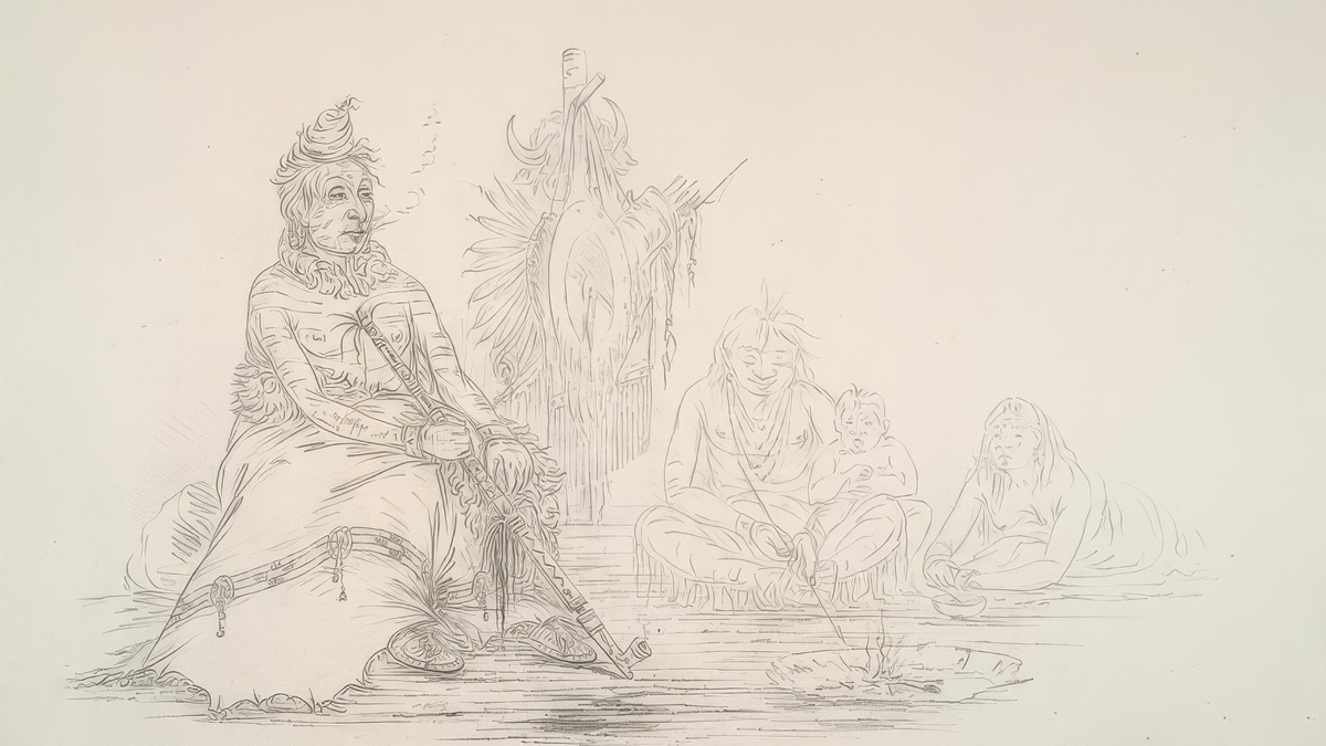Painting of an old Indian wrapped in a decorated buffalo robe