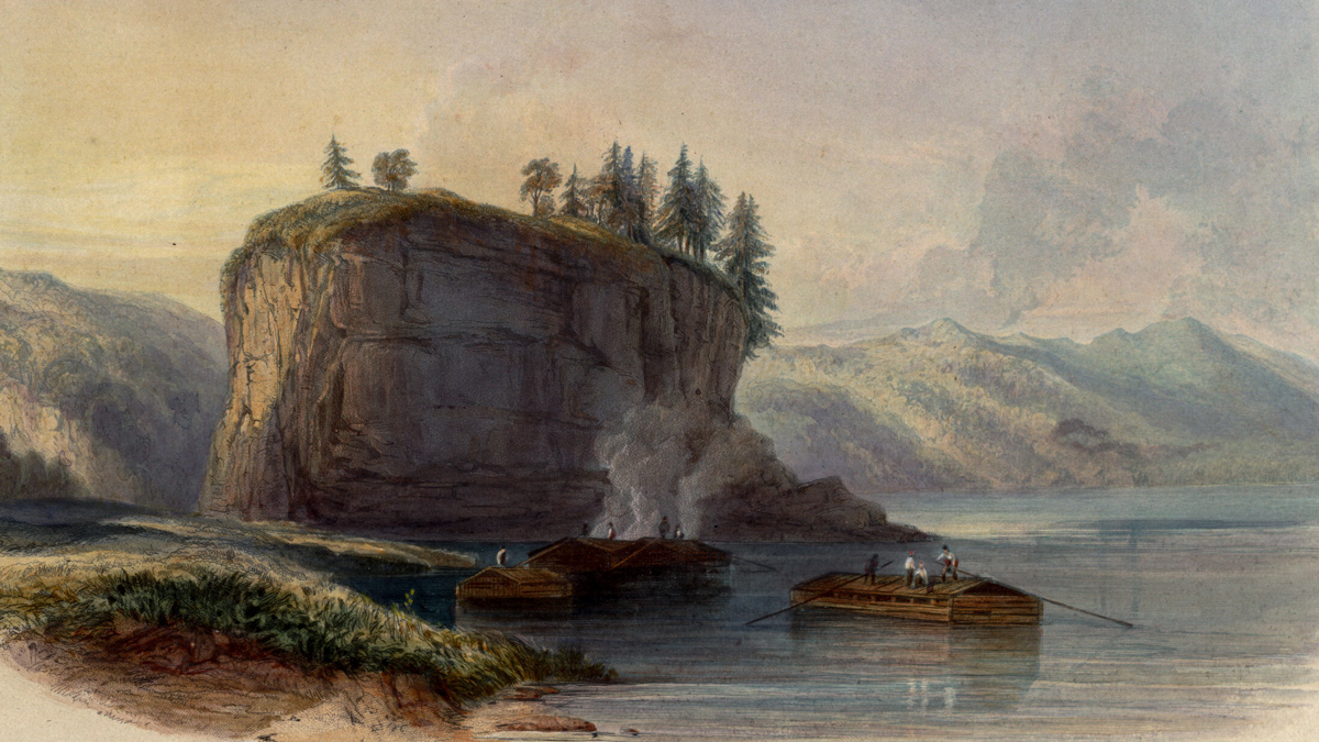An historic painting of keelboats and a steamboat near Tower Rock