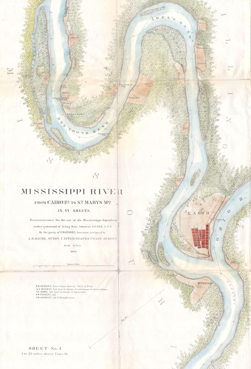 Highly detailed map showing the big bend of the Mississippi