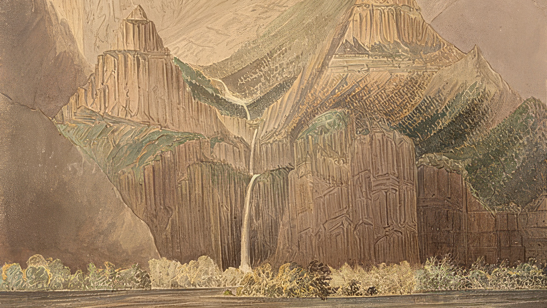 Romantic painting of a thin waterfall
