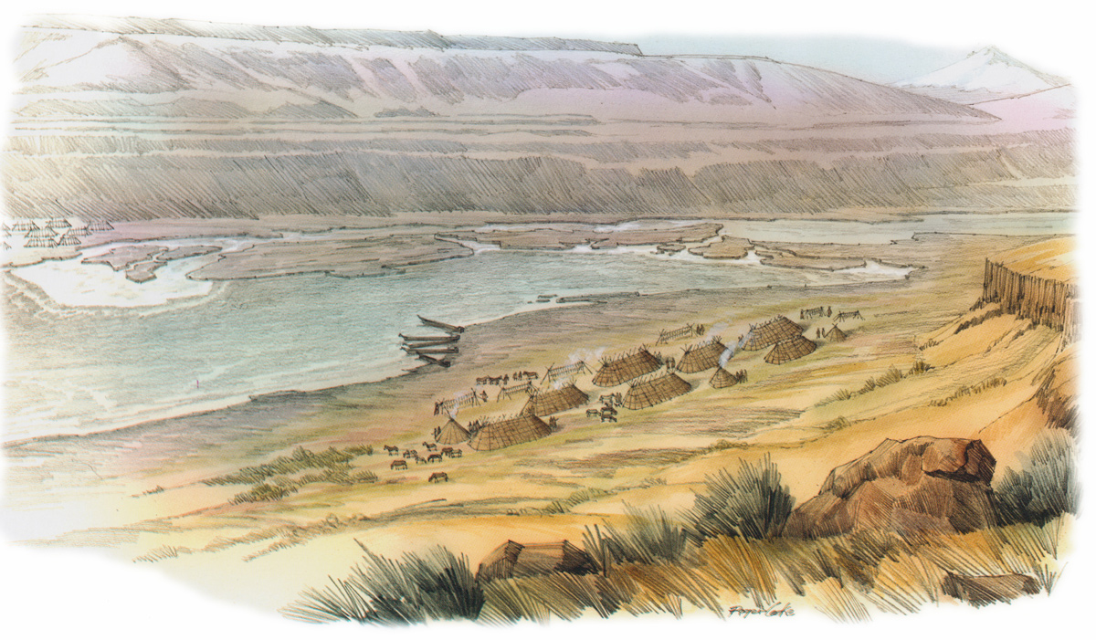 View of Celilo Falls with mat lodges on both sides of the river