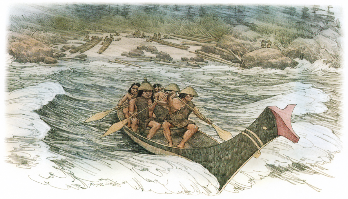 Kathlamet men paddles Chinookan canoes away from the Dismal Nitch campsite