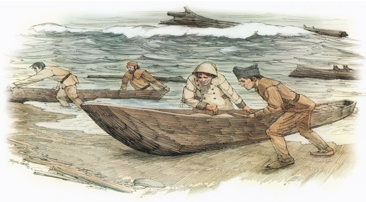 Men drag heavy dugouts away from huge logs floating in the surf