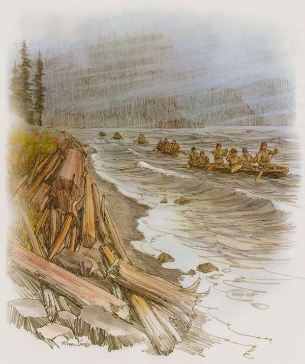 The expedition paddles through high wind and wives next to the river's shore