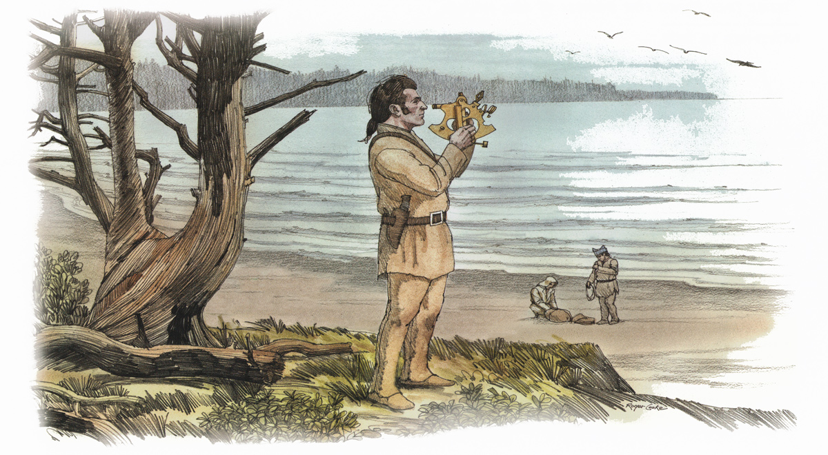 Clark scans the horizon with an octant