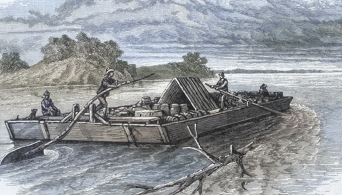 sketch of a wide flatboat loads with kegs and bound for New Orleans