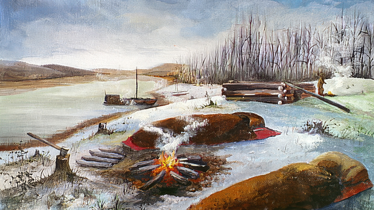 Men of the Lewis and Clark Expedition sleeping on snow-covered ground by a campfire
