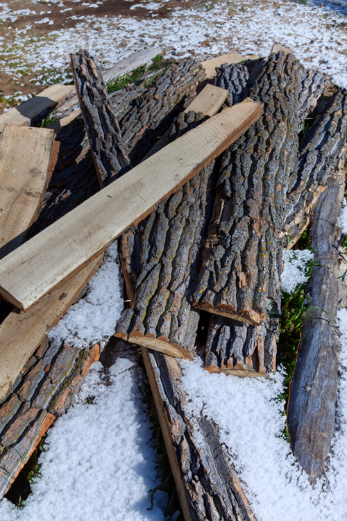 Small logs with thick bark split in half