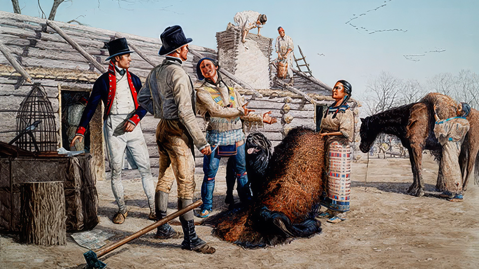 A French-Indian man presents a buffalo hide to the captains