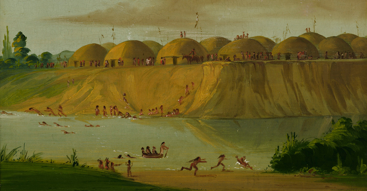 Painting of round lodges and much Indian activity