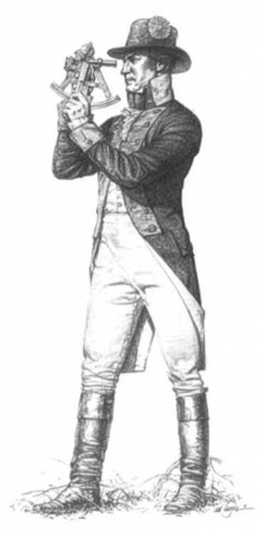Meriwether Lewis in captain's dress uniform sighting a line with a sextant