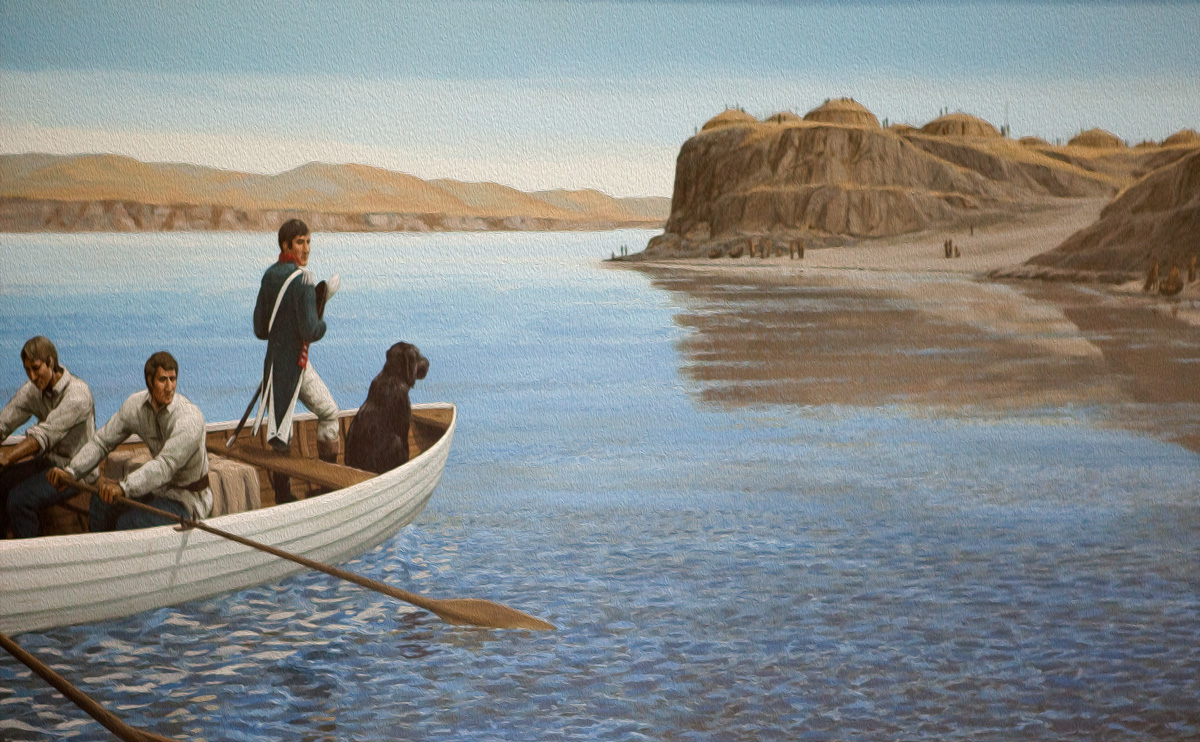 Lewis and Seaman are rowed to a Mandan village in the white pirogue