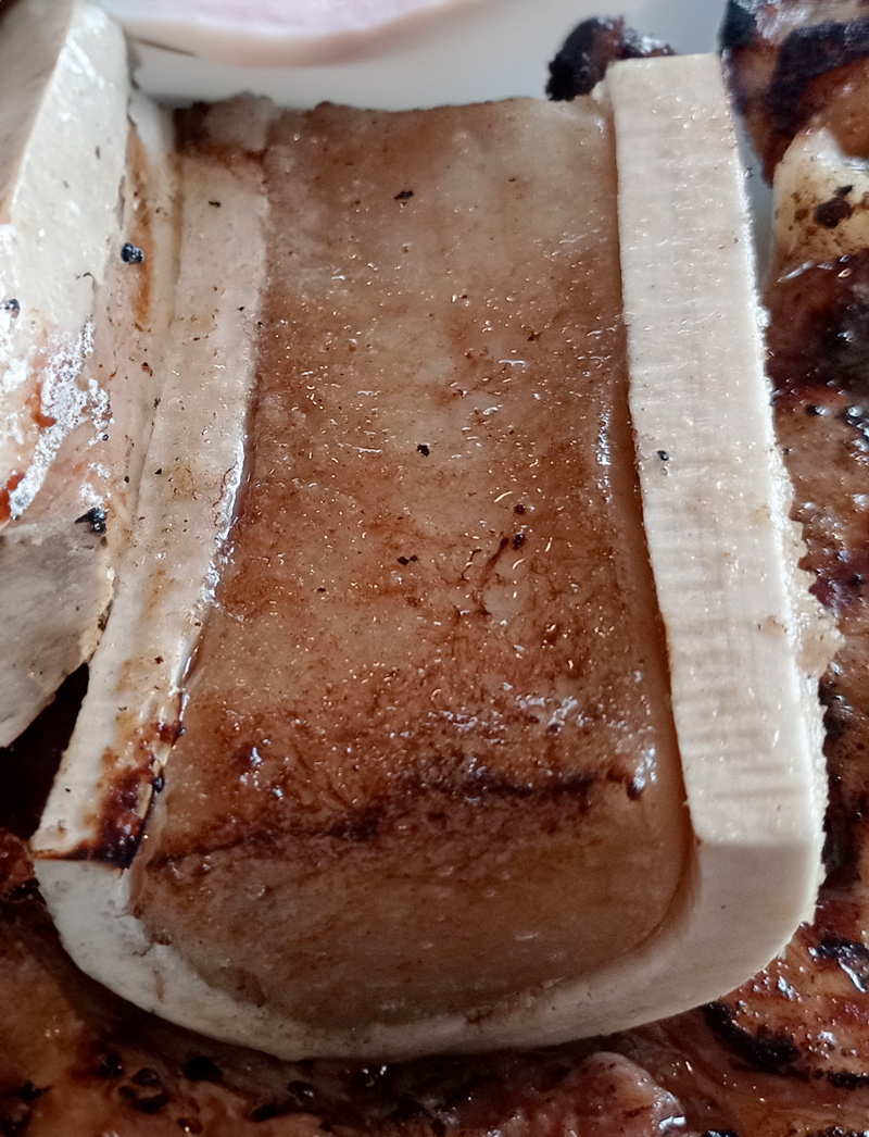 A large marrow bone cut in half to expose the pinkish marrow inside it