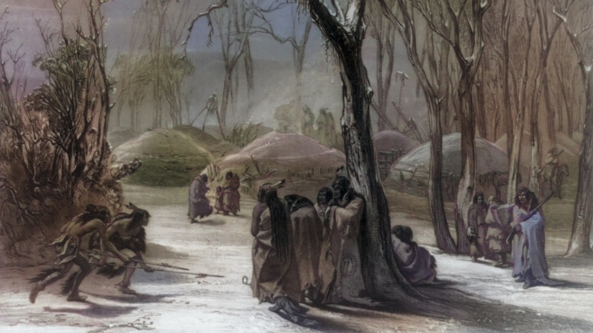 Hidatsa people in their village on a normal winter day