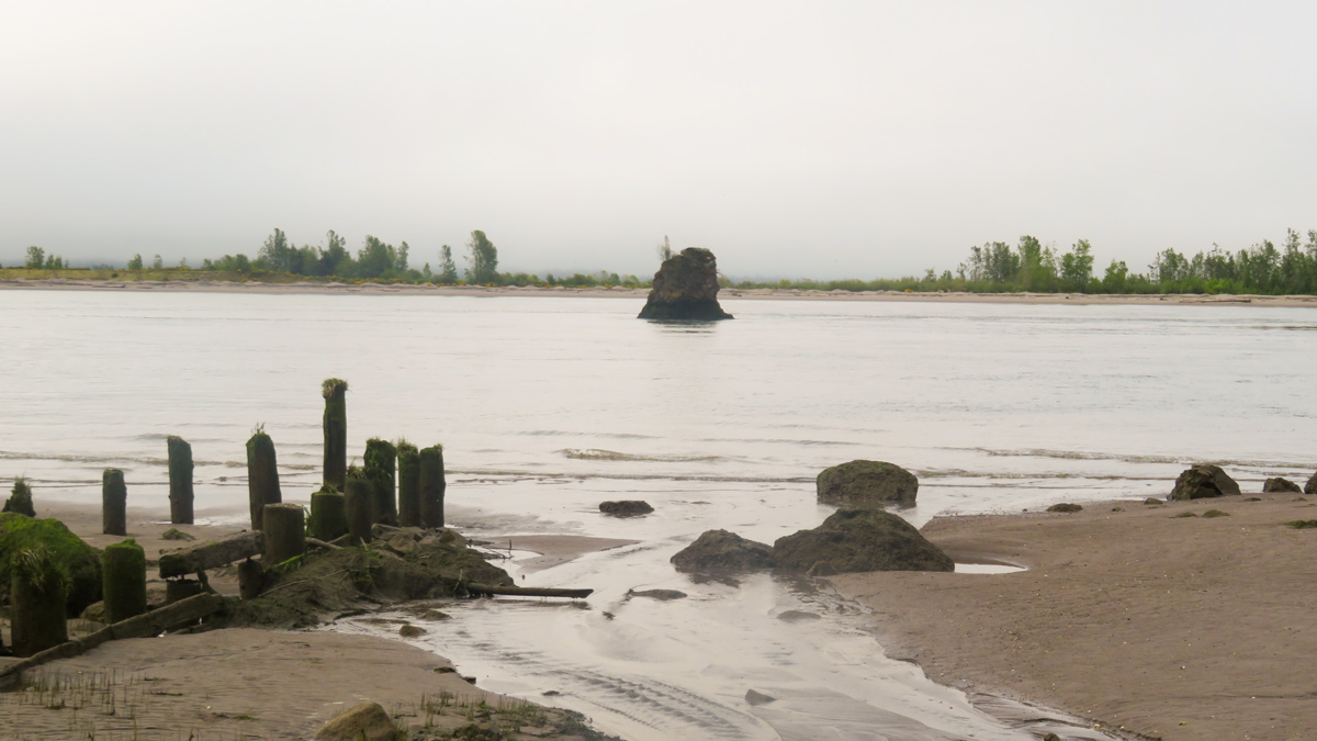 Tall and skinny basalt rock juts out the river