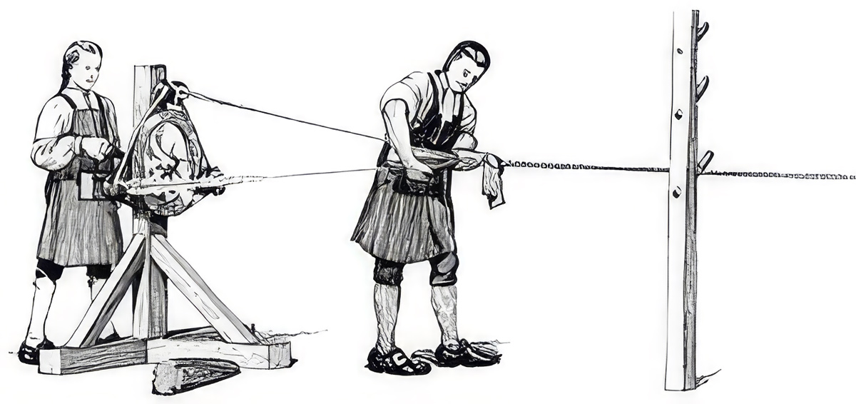 one man turns the spinner and another works the 'braid'
