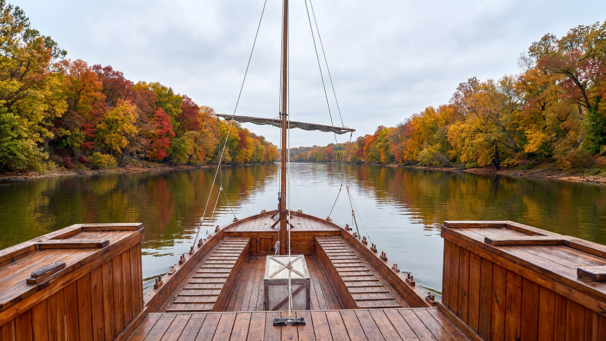 Picturesque scene of a wooden boat on a river in fall