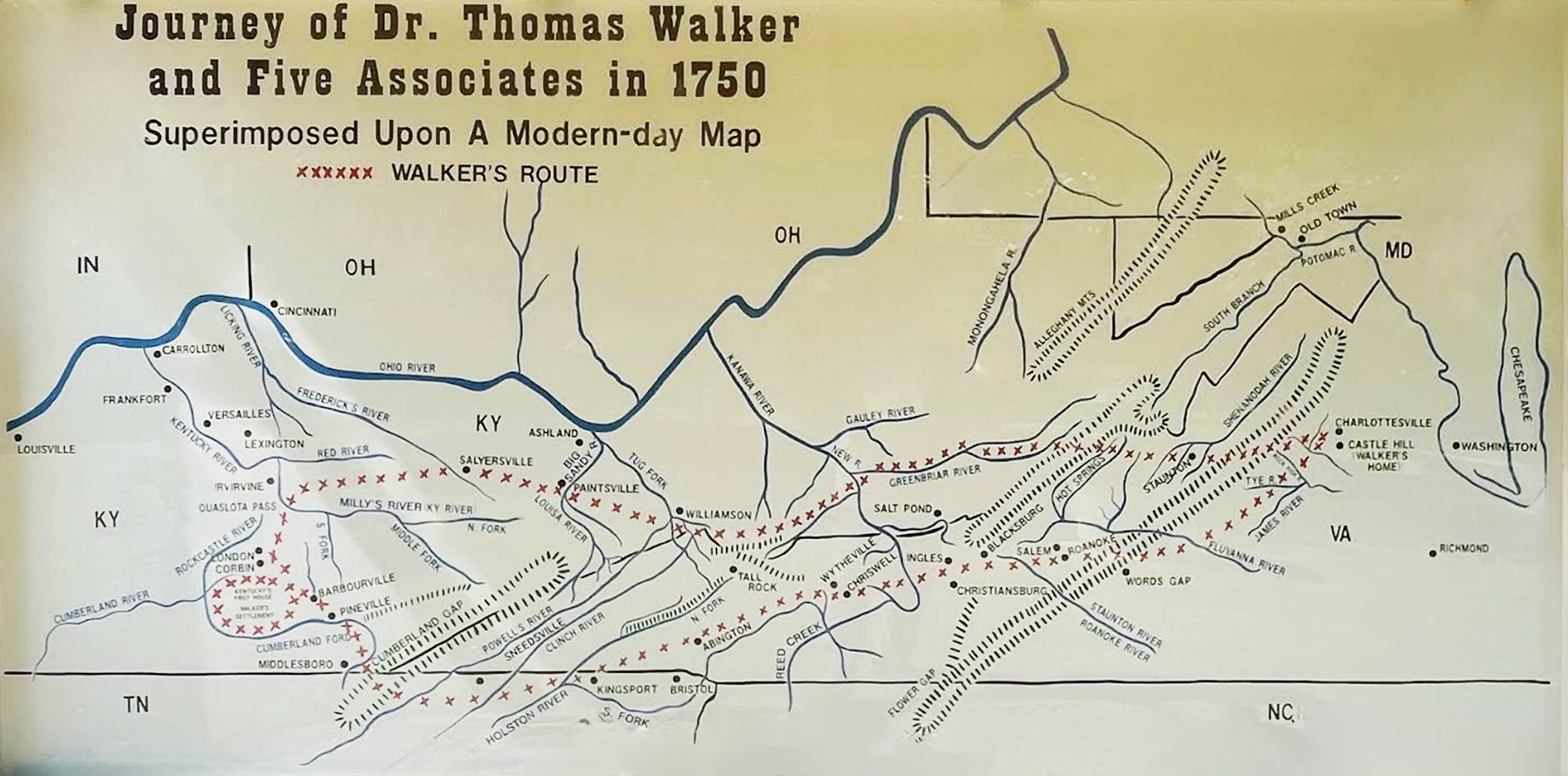 Modern map of the journey of Dr. Thomas Walker